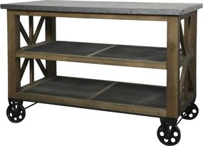 Insulă de bucătărie pe roți din lemn și metal, natur, cu blat din zinc și 2 rafturi, 90 x 120 x 59,5 cm