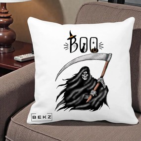 Perna Decorativa Halloween Boo Grim Reaper cu Coasa, 40x40 cm, Alba Mata, Husa Detasabila, Perna Inclusa, BEKZ®