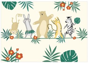 Fototapet - Animale dansatoare - maimuță, iepure, tigru, urs și zebra pe fundal galben