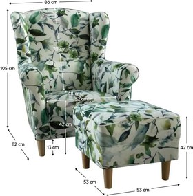 Fotoliu cu taburet, material textil model frunze verzi, ASTRID