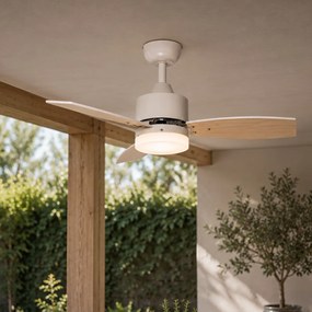 Ventilator de tavan de exterior alb cu imprimeu de lemn 91,3 cm, inclusiv LED cu dimmer cu telecomandă IP44 - Toledo