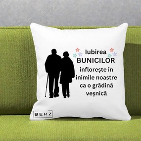 Cadou pentru Bunici - Perna Personalizata Bunicii Iubirea Infloreste Silueta Neagra Flori, 40x40 cm, Alba Mata, Husa Detasabila, Perna Inclusa, BEKZ®