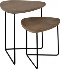 Set 2 măsuțe de cafea din lemn de pin și metal, natur și negru, cu blat triunghiular rotunjit, finisaj antichizat, 50 x 49 x 39 cm, „Fratelli”