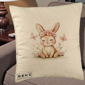 Perna Decorativa Iepuras cu Coronita Florala Roz, 40x40 cm, Bej, Husa Detasabila, Perna Inclusa, BEKZ®