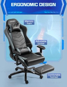 DOWINX Scaun gaming, ergonomic, suport lombar cu masaj, spătar rabatabil 90-180°, cotiere reglabile, suport pentru picioare, rezistent 150 kg, piele PU, Negru/Gri