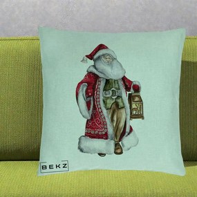 Perna Decorativa Mos Craciun Vintage cu Felinar, 40x40 cm, Verde Menta, Husa Detasabila, Perna Inclusa, BEKZ®
