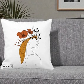 Perna Decorativa Portret Feminin Maci Rosii Auriu, 40x40 cm, Alba Mata, Husa Detasabila, Perna Inclusa, BEKZ®