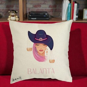 Perna Personalizata Zodiac Balanta Cowgirl, 40x40 cm, Ecru, Husa Detasabila, Perna Inclusa, BEKZ®