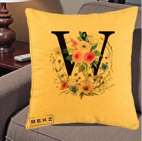 Cadou Personalizat - Perna Personalizata Monograma Florala Litera W, 40x40 cm, Galben, Husa Detasabila, Perna Inclusa, BEKZ®