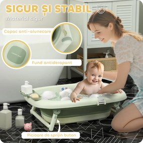 AIYAPLAY Cadă de Baie Pliabilă pentru Nou-Născuți 0-3 ani cu Pernă Rafturi și Fund Antiderapant, 86x53x25,5 cm, Verde | Aosom Romania
