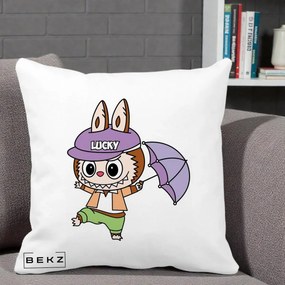 Perna Personalizata Labubu Lucky cu Umbrela, 40x40 cm, Alba Mata, Husa Detasabila, Perna Inclusa, BEKZ®