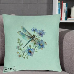 Perna Decorativa Libelula Acuarela Flori Albastre, 40x40 cm, Verde Menta, Husa Detasabila, Perna Inclusa, BEKZ®