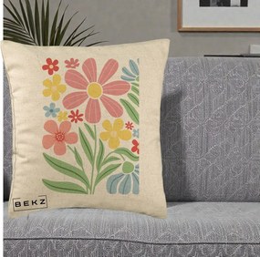 Perna Decorativa Flori Grafice Roz Pastel, 40x40 cm, Bej, Husa Detasabila, Perna Inclusa, BEKZ®