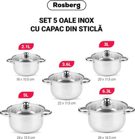 La mâna a doua: Set oale Rosberg R51210O10, 10 piese, 2.1-6.3 L, Otel inoxidabil, Argintiu