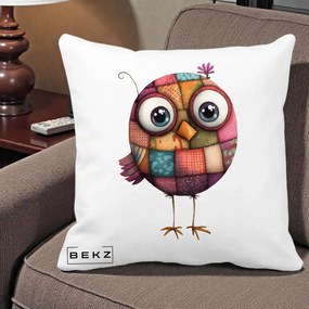 Perna Decorativa Pasare Patchwork Roz cu Floare, 40x40 cm, Alba Mata, Husa Detasabila, Perna Inclusa, BEKZ®