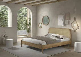 Pat pentru adolescenți OLIVE, 180 x 200 cm, cu tăblie rotunjită din rattan și finisaj lemn de stejar, design modern, fără somieră inclusă – Vipack