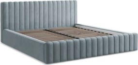 Pat matrimonial albastru deschis tapițat cu spațiu de depozitare cu somieră 160x200 cm Lemi – Makamii