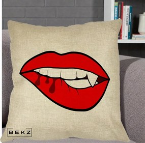 Perna Decorativa Vampire Lips Halloween, 40x40 cm, Crem, Husa Detasabila, Perna Inclusa, BEKZ®