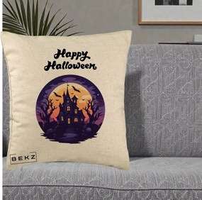 Perna Decorativa Happy Halloween Casa Bantuita Violet, 40x40 cm, Bej, Husa Detasabila, Perna Inclusa, BEKZ®