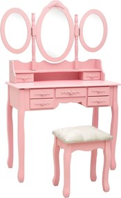vidaXL Masă de toaletă cu taburet și triptic oglinzi, roz