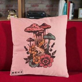 Perna Decorativa Ciuperci si Broaste Boho, 40x40 cm, Roz, Husa Detasabila, Perna Inclusa, BEKZ®