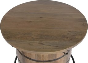 Masă bar din lemn masiv de mango în formă de butoi cu metal, 90×90×101 cm, „Barrel”