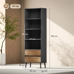 HOMCOM Bibliotecă mobilier de depozitare cu 4 compartimente deschise și 2 sertare, 60 x 30 x 179 cm, gri | Aosom Romania