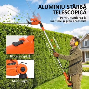 Outsunny Trimmer pentru Gard Viu pe Baterie 18V, Trimmer pentru Grădină cu 2 Baterii de 4Ah, Încărcător, Târnă Telescopică Reglabilă din Aluminiu, Lamă Cu Acțiune Dublă de 51cm pentru Ramuri, Portocaliu | Aosom Romania