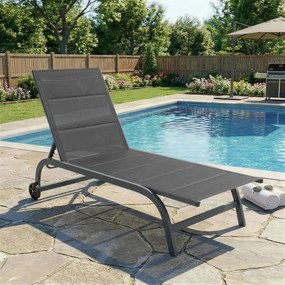 Outsunny Șezlong de soare material respirabil cu spătar reglabil în 6 trepte, roți, cadru din aluminiu Gri închis | Aosom Romania