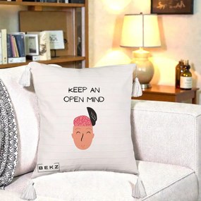 Perna Decorativa Keep An Open Mind, 40x40 cm, Bej cu Franjuri, Husa Detasabila, Perna Inclusa, BEKZ®