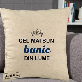 Cadou pentru Bunic - Perna Personalizata Cel Mai Bun Bunic Din Lume Coroana Albastra, 40x40 cm, Bej, Husa Detasabila, Perna Inclusa, BEKZ®