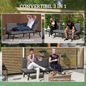 Outsunny Canapea de Grădină 3 în 1 Convertibilă și Reglabilă în 5 Poziții cu Perne, 180x63.5x68 cm, Gri | Aosom Romania