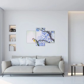 Tablou - Pasăre pe un copac cu flori albastre (90x60 cm)