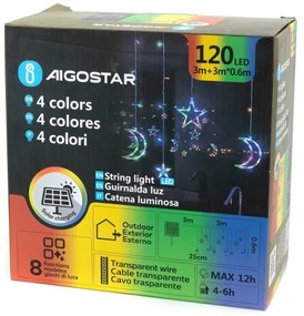 Aigostar - Ghirlandă solară de Crăciun LED RGBY, 120 de LED-uri, 8 funcții, 3 x 0,6 m, 500 mAh, IP65