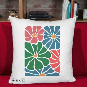 Perna Decorativa Flori Grafice Verde-Roz-Albastru, 40x40 cm, Alb Pufos, Husa Detasabila, Perna Inclusa, BEKZ®