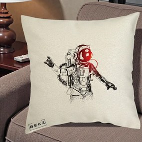 Perna Decorativa Astronaut Rock Sketching, 40x40 cm, Ecru, Husa Detasabila, Perna Inclusa, BEKZ®