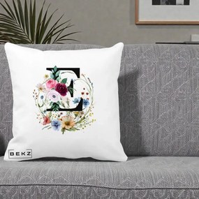 Cadou Personalizat - Perna Personalizata Monogram Litera E cu Flori Acuarela, 40x40 cm, Alba Mata, Husa Detasabila, Perna Inclusa, BEKZ®