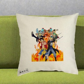 Perna Personalizata One Piece Echipa Straw Hat in Flacari, 40x40 cm, Ecru, Husa Detasabila, Perna Inclusa, BEKZ®