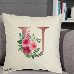 Cadou Personalizat - Perna Personalizata Monograma Rose Gold Litera U, 40x40 cm, Ecru, Husa Detasabila, Perna Inclusa, BEKZ®