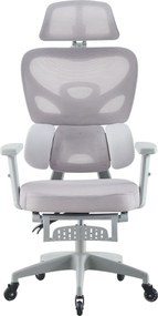 Scaun ergonomic, Suport Lombar 3 Zone Dinamice, Spătar ajustabil pe inaltime, cotiere 3D, tetiera 3D, suport pentru picioare, umeras, pivotant, Mesh, Gri