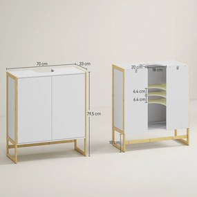 HOMCOM Dulap de Baie Sub Chiuvetă, Dulap de Depozitare din Bambus, Unitate Toaletă de Baie cu 2 Uși, 70x33x79.5 cm, Alb | Aosom Romania