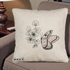 Perna Decorativa Fluture si Flori Linie Monocroma, 40x40 cm, Bej Canapea, Husa Detasabila, Perna Inclusa, BEKZ®