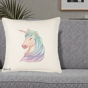 Perna Decorativa Unicorn Acuarela Pastel, 40x40 cm, Crem Reliefat, Husa Detasabila, Perna Inclusa, BEKZ®