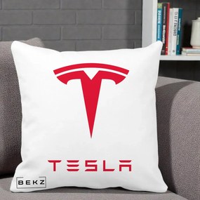 Perna Personalizata cu emblema Tesla, 40x40 cm, Alba Mata, Husa Detasabila, Perna Inclusa, BEKZ®