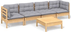 vidaXL Set mobilier grădină cu perne gri, 5 piese, lemn masiv de pin