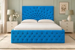 Pat tapițat Chesterfield din catifea Venezia 160×200 cm, albastru deschis, cu ladă de depozitare