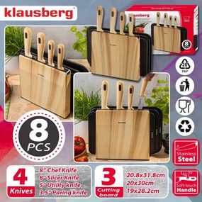 Set de cuțite și tăvi de tăiat Klausberg KB 9037, 8 piese, oțel inoxidabil, suport, maro/negru