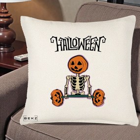 Perna Decorativa Halloween Schelet cu Cap de Dovleac Powerlifting, 40x40 cm, Crem Reliefat, Husa Detasabila, Perna Inclusa, BEKZ®