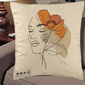 Perna Decorativa Portret Feminin Mac Mare Portocaliu, 40x40 cm, Bej, Husa Detasabila, Perna Inclusa, BEKZ®