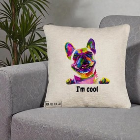 Perna Personalizata Bulldog Francez I'm Cool, 40x40 cm, Bej Canapea, Husa Detasabila, Perna Inclusa, BEKZ®
